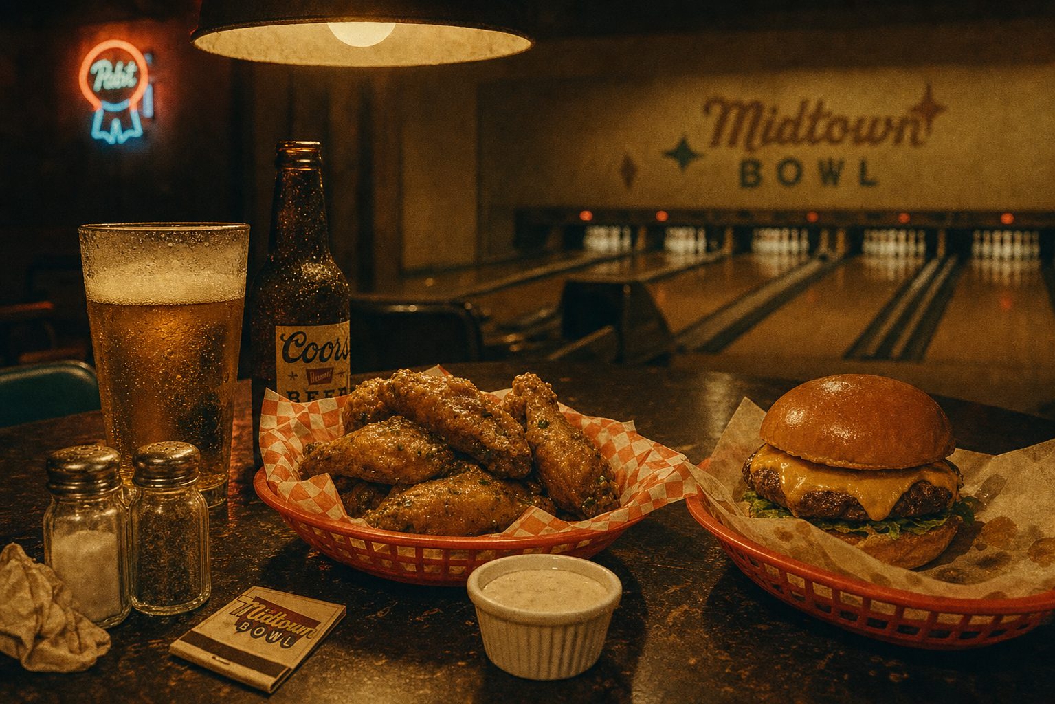 Lemon pepper wet wings, smashburger, and a draft pint, lane-side