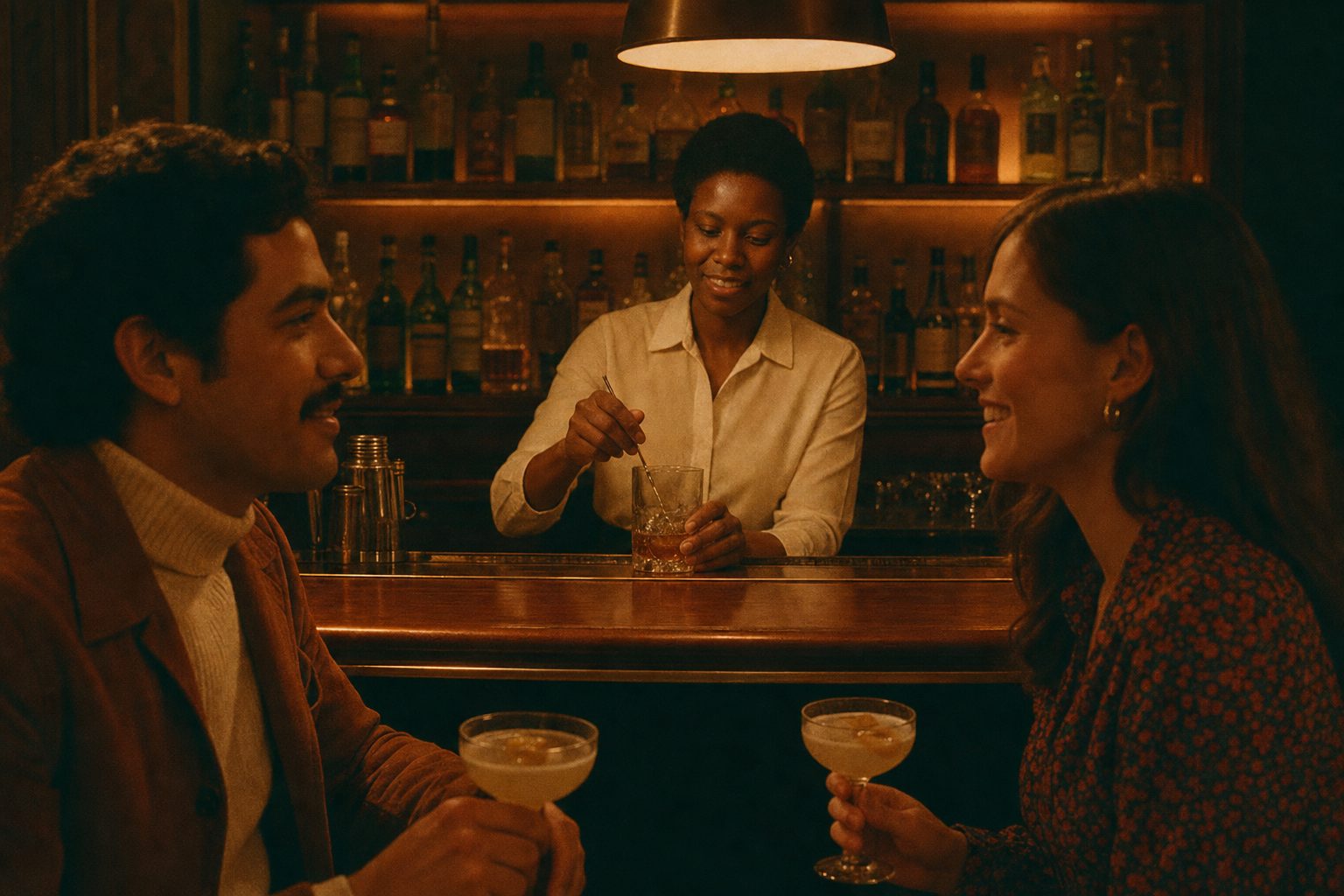 A bartender stirring a cocktail at The 11th Frame
