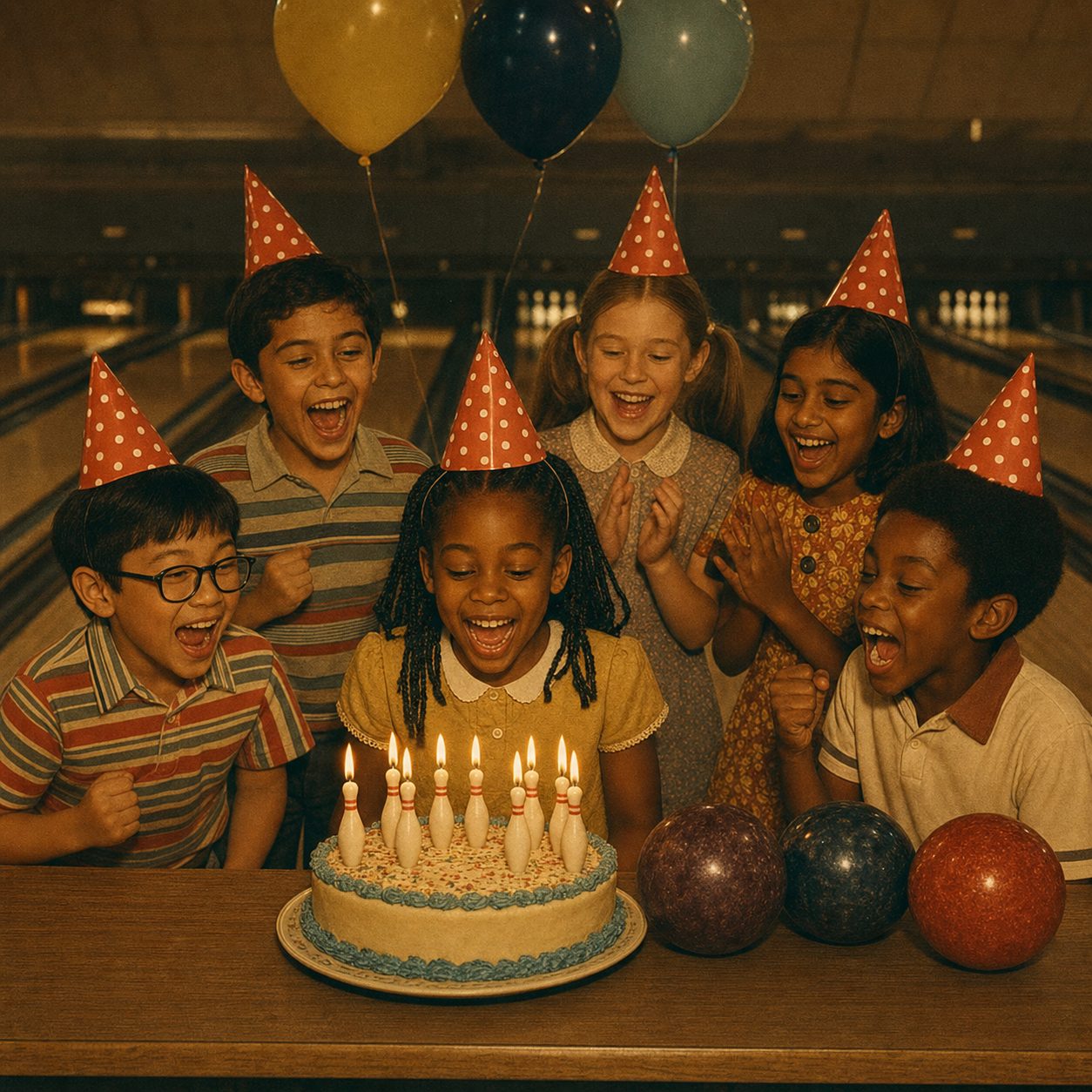 A diverse group of kids at a birthday party at Midtown Bowl, with bowling balls and celebration decorations