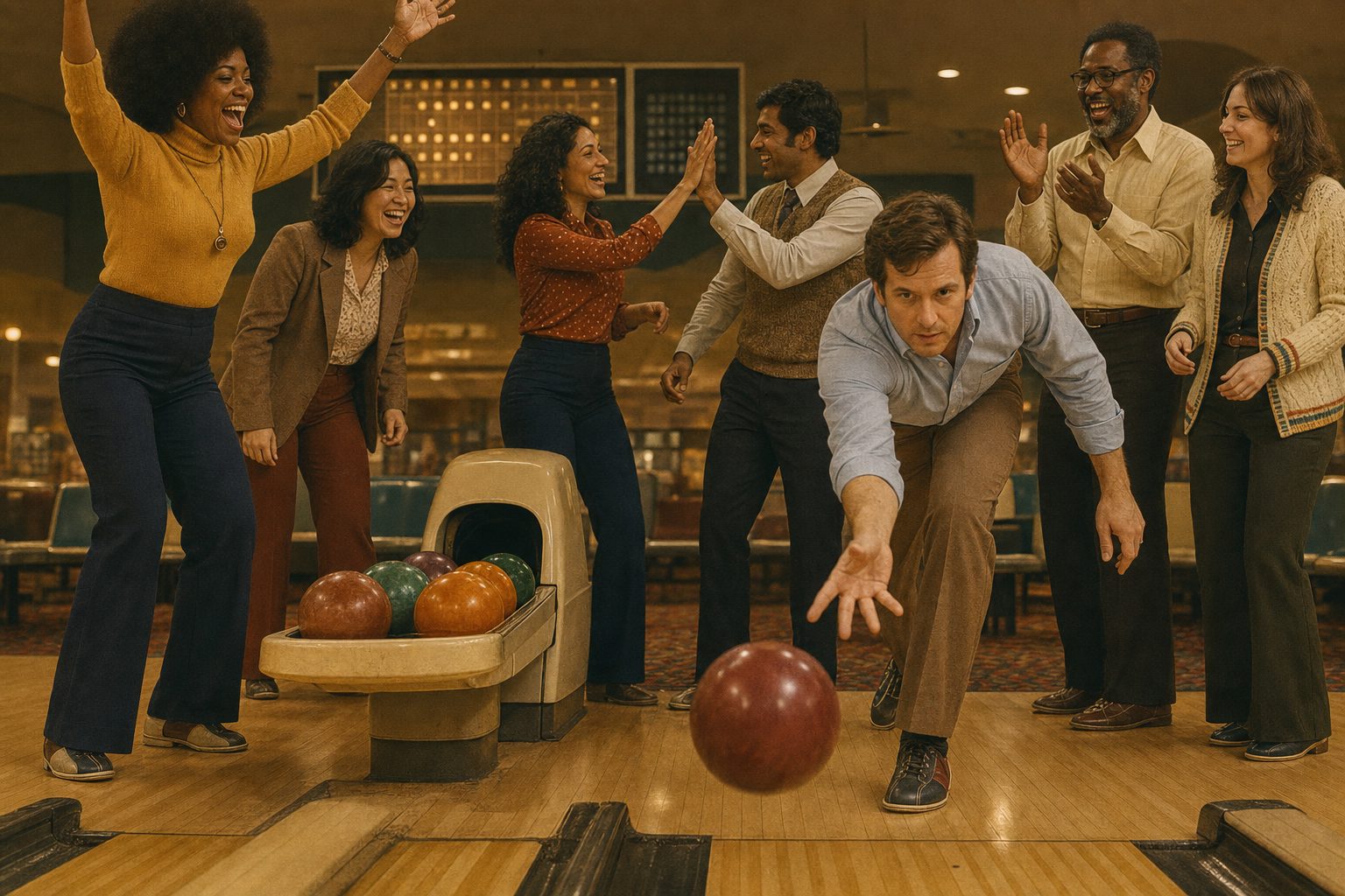 A diverse group celebrating at a private event at Midtown Bowl Atlanta